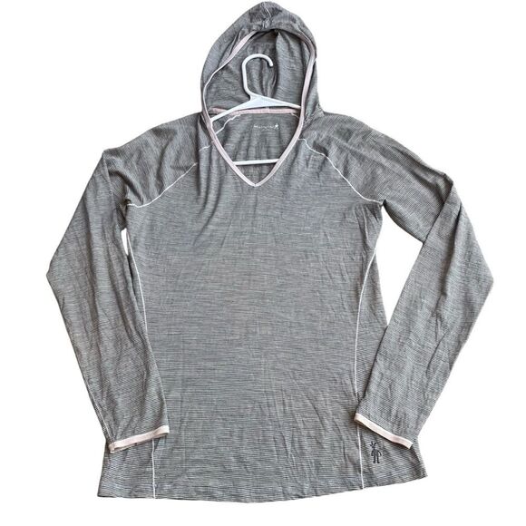 Smartwool Women’s S Hooded Base Layer Gray Stripes‎ Outdoorsy Hiking Gorpcore - Picture 1 of 11
